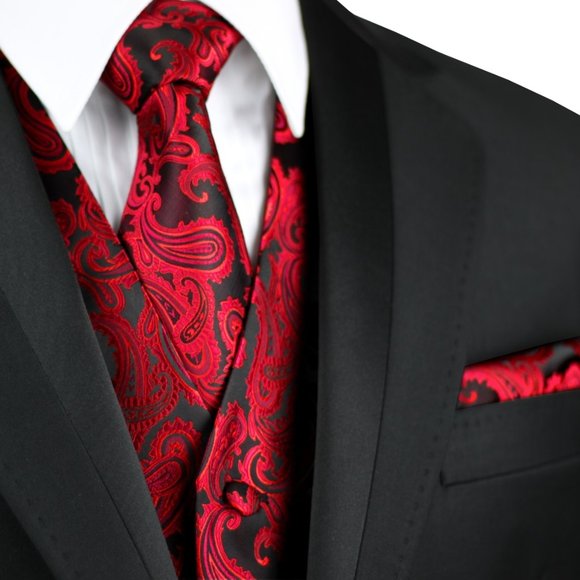 Men's Formal Wedding Prom Homecoming Tuxedo Vest Tie Hankie set - Apple Paisley - Picture 1 of 5